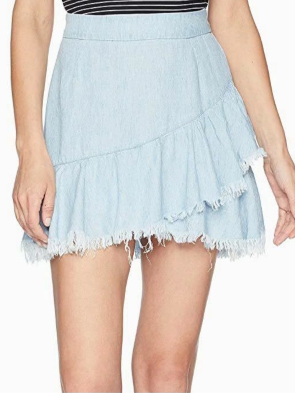 Show Me Your Mumu Mini Skirt Sunset Chambray denim Blue Ruffle raw Hem small
